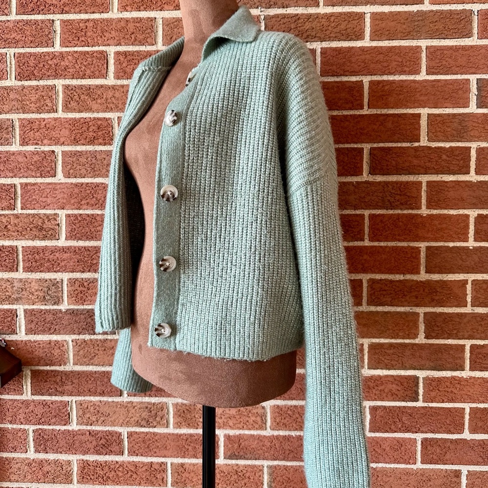 Collared Button Cardigan Ribbed Knit Sweater Mint Green Women, Size S